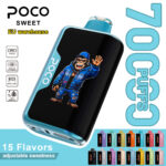 POCO Sweet 70000 disposable vape device showcasing a cartoon character graphic and the available flavor collection.