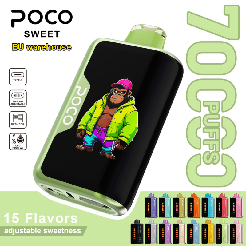 POCO Sweet 70000 disposable vape device in green with a gorilla graphic and various color options shown.