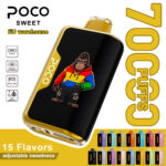 POCO Sweet 70000 disposable vape device with a gorilla graphic and color-coded flavor collection below.