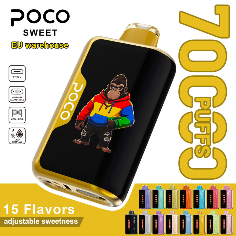 POCO Sweet 70000 disposable vape device with a gorilla graphic and color-coded flavor collection below.