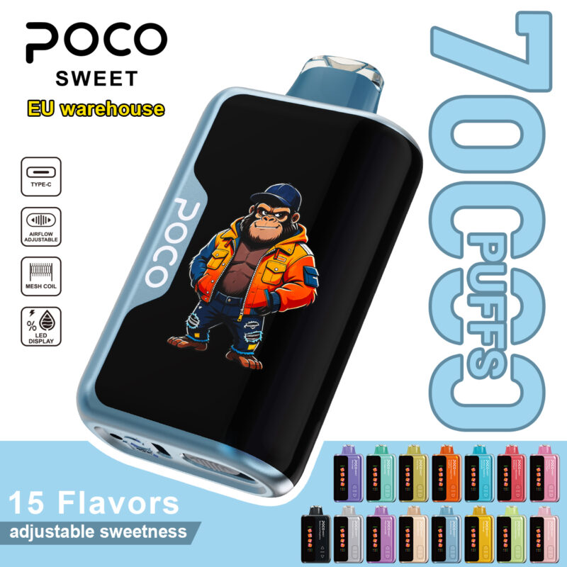 POCO Sweet 70000 disposable vape device featuring a gorilla graphic and adjustable settings.