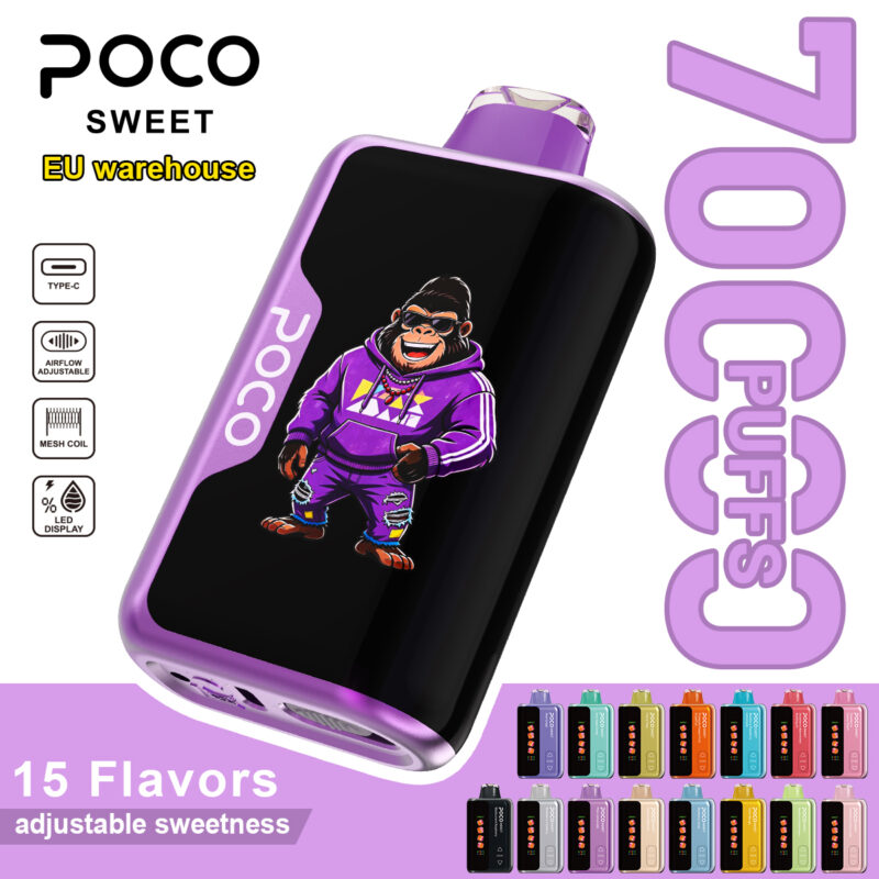 POCO Sweet 70000 rechargeable disposable vape with a purple finish and gorilla graphic.