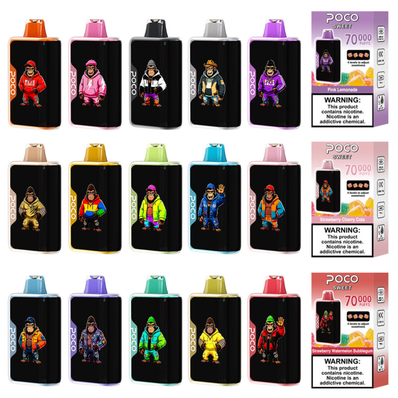 Collection of fifteen POCO Sweet 70000 disposable vape devices in various colorful designs with their retail packaging.