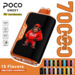 POCO Sweet 70000 disposable vape device showcasing a gorilla graphic, 70,000 puff capacity, and a variety of 15 available flavor options.