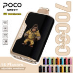POCO Sweet 70000 disposable vape device with a gorilla character design and 15 flavor options shown below.