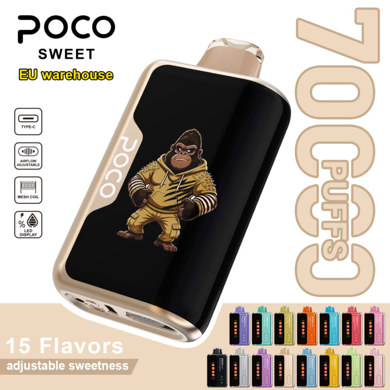 POCO Sweet 70000 disposable vape device with a gorilla character design and 15 flavor options shown below.