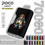 POCO Sweet 70000 disposable vape device showcasing a cartoon character graphic and 15 different flavor options below.