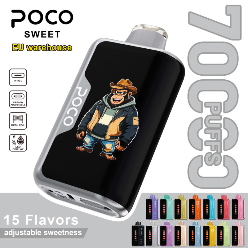 POCO Sweet 70000 disposable vape device showcasing a cartoon character graphic and 15 different flavor options below.