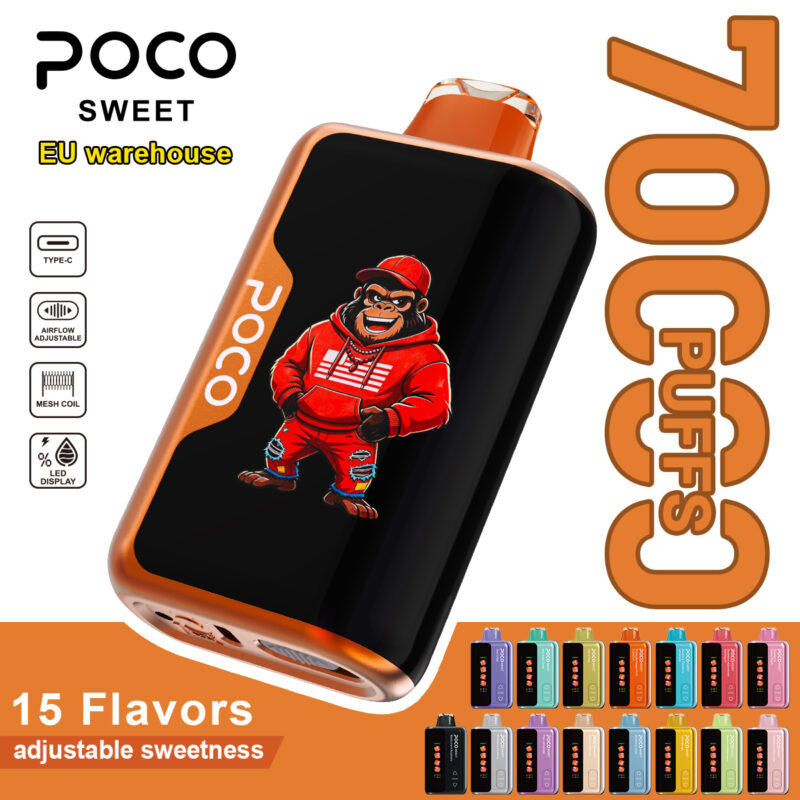 POCO Sweet 70000 disposable vape device showcasing a gorilla graphic, 70,000 puff capacity, and a variety of 15 available flavor options.