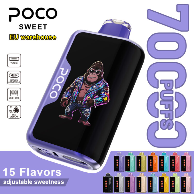 POCO Sweet 70000 disposable vape device in a purple colorway featuring a gorilla character graphic.