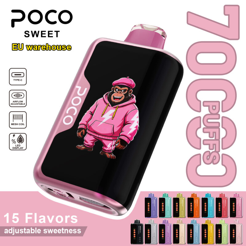 POCO Sweet 70000 disposable vape in pink, featuring a cartoon gorilla design and 70K puffs capacity.